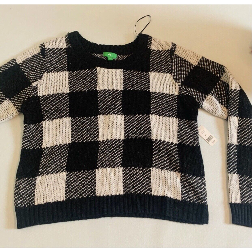 Apres Ski Sweater Knitted‎ Round Neck Long Sleeve Plaid Black & White XL NWT